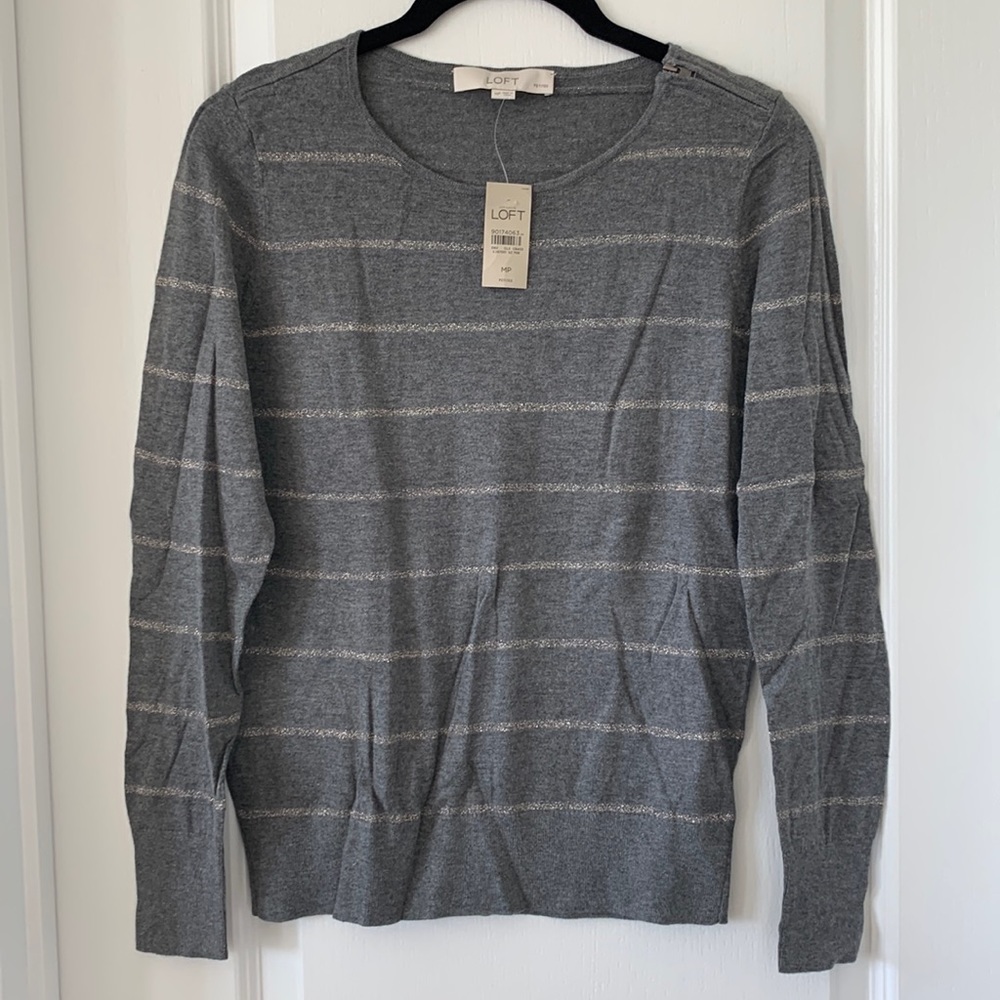 NWT LOFT Gray Sparkle Stripe Long Sleeves Knit Top Size Medium Petite